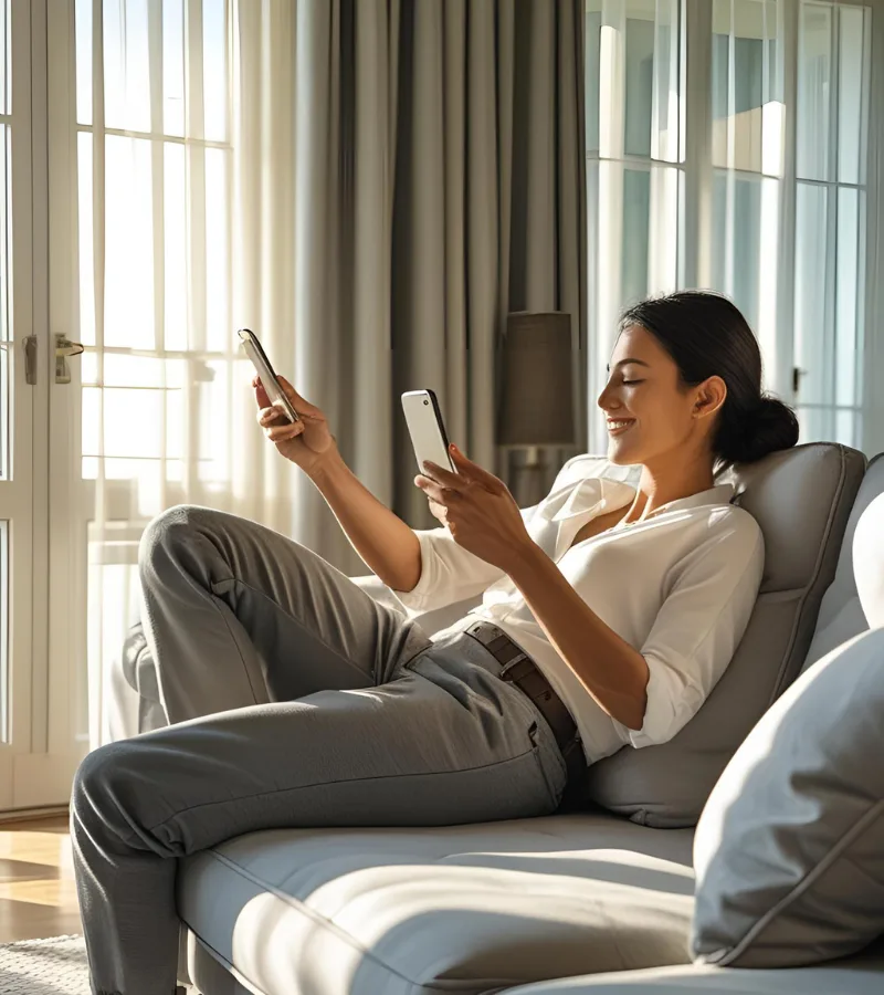 A family relaxing in a modern living room with automated smart lighting by Gallery Five Home
